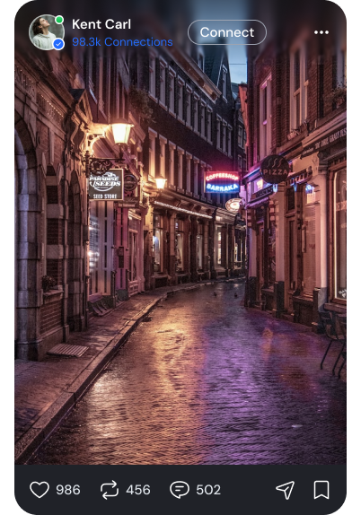 Photo post by Kent Carl: a rain-lit street at dusk