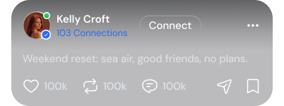 Text post by Kelly Croft: Weekend reset: sea air, good friends, no plans.